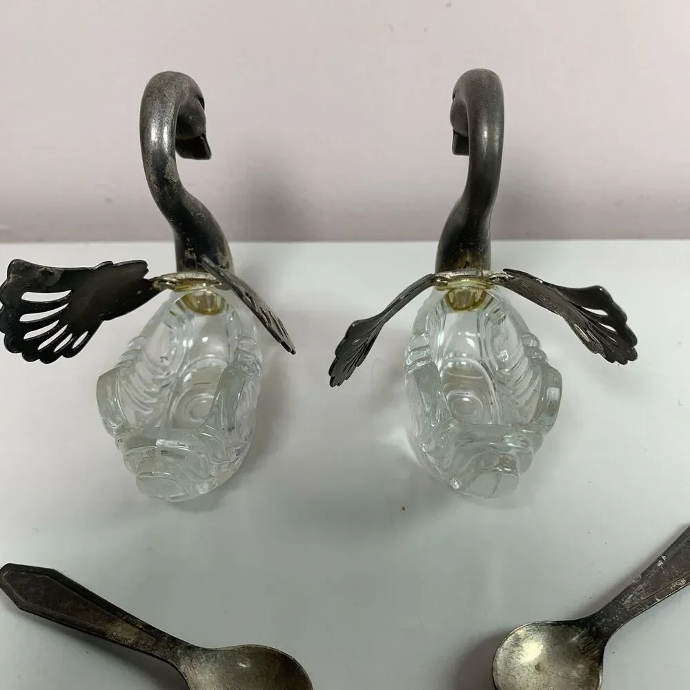 Swan Salt Cellar Silver Plated With Spoons Crystal Glass Tableware Collectible